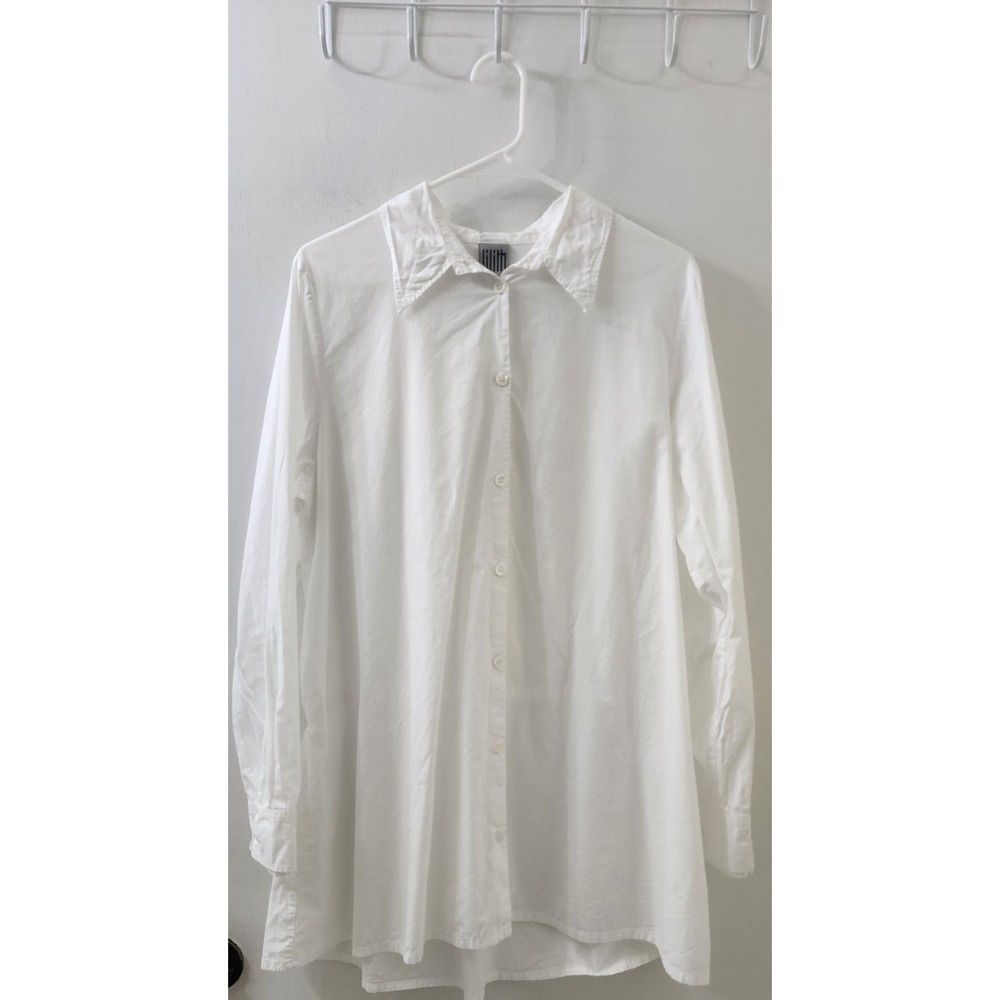 Lilith White Cotton Button Down Tunic Shirt XL Drawstring Back Black Knot Cuffs